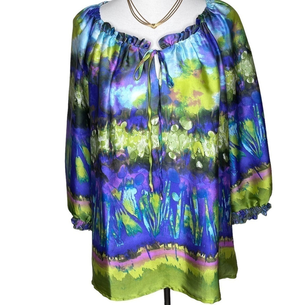 Investments Women’s Waterfall 3/4 Sleeve Blouse Sz 18 Art to Wear Abstract Print